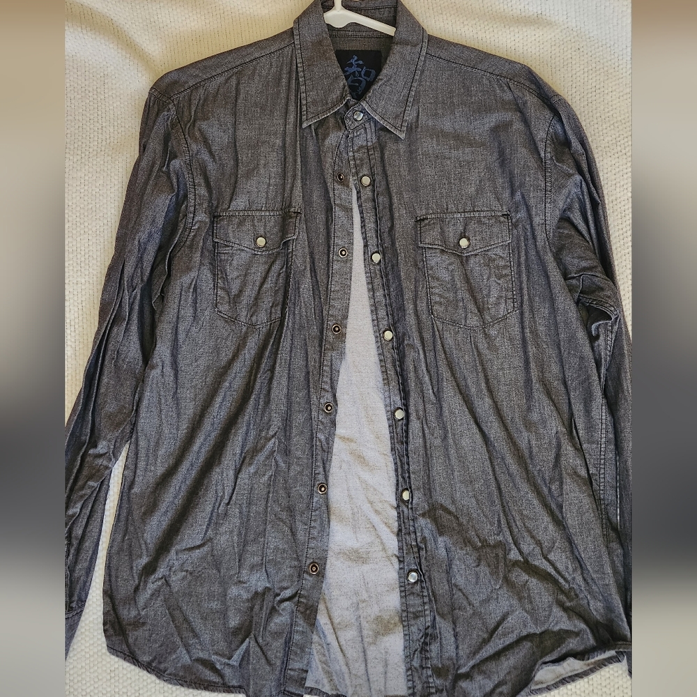 Men's Large Age of Wisdom grey button up dress shirt